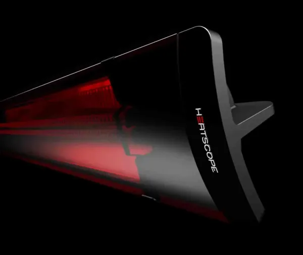 Close-up of a black Heatscope infrared heater
